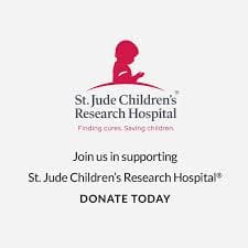 An advertisement for St. Jude Children's Research Hospital encouraging donations with the tagline "Finding cures. Saving children." Pricing a future where every child can grow up healthy.