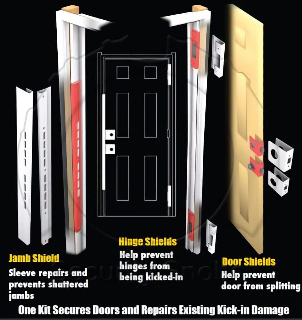 Door jam Bolt and hinge protection for exterior doors