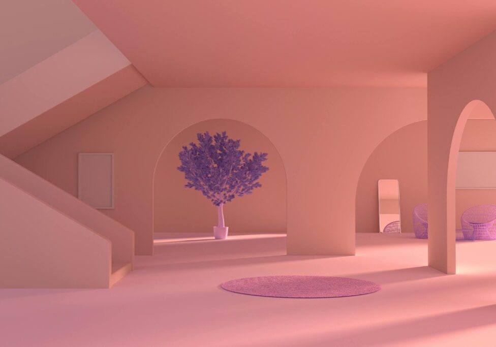Pastel-hued exterior featuring arched doorways, staircases, and a potted purple tree.